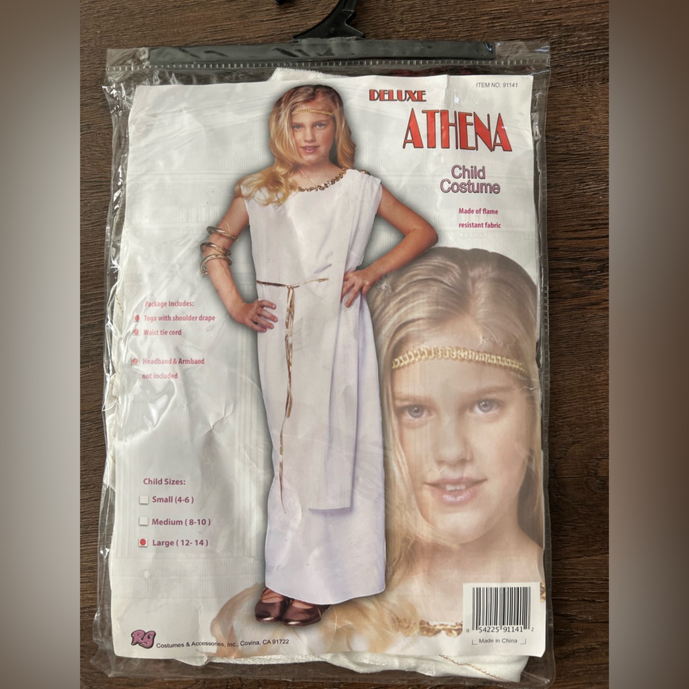 NWT deluxe Athena Greek goddess Roman toga costume white. Girls large 12-14
